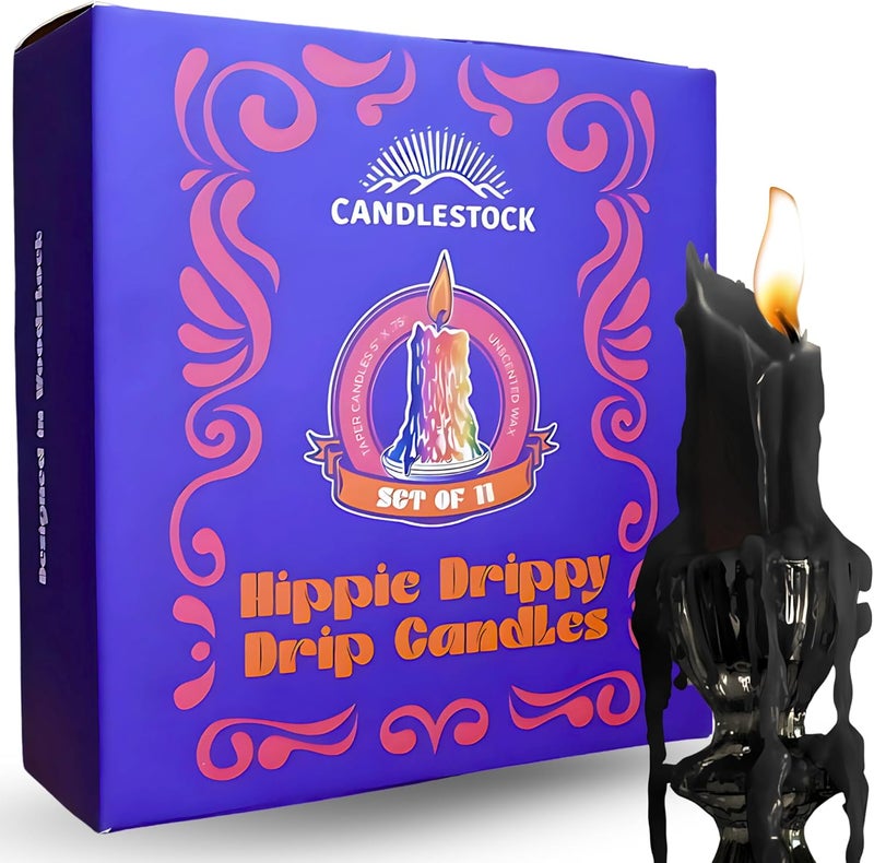 Candlestock Hippie Drippy Drip Candles - Pack of 11 Dripping Taper Candles - Wine Bottle Melting Candles (Black) - Image 1